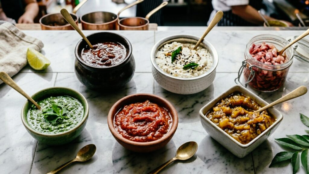 A variety of Indian chutney options including mint chutney, tomato chutney, coconut chutney, and tangy pickles served in small bowls with spoons on a marble countertop | Chutney Chronicles: 6 Indian Condiments That Transform Every Meal | The Spice Angel