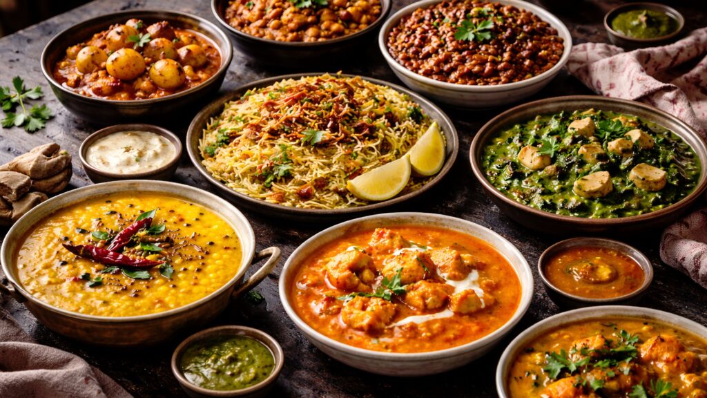 A colorful spread of Indian vegetarian meals featuring dal, paneer curry, chickpea dishes, spiced rice, leafy vegetable curry, and chutneys served in rustic bowls with fresh herbs and traditional flavors | Dal to Dum Aloo: 8 Protein-Packed Indian Vegetarian Meals | The Spice Angel