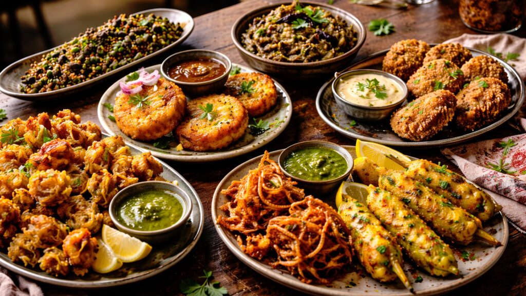 A rich assortment of traditional Indian dishes with curries, lentil dal, spiced rice, naan bread, grilled meats, and fried veggies served in rustic bowls with fresh herbs and aromatic spices | Fried Veggies Done Right: 7 Crispy Indian Vegetarian Dishes | The Spice Angel