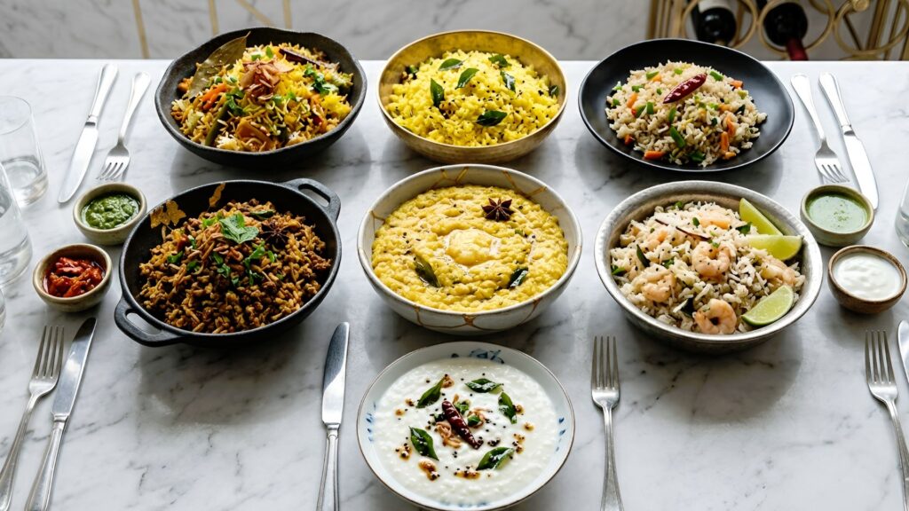 A variety of one pot Indian rice dishes including spiced vegetable rice, lemon rice, curd rice, and pulao served in bowls with chutneys and traditional garnishes on a marble table | One Pot Indian Rice Dishes: 7 Easy Meals for Busy Weeknights | The Spice Angel