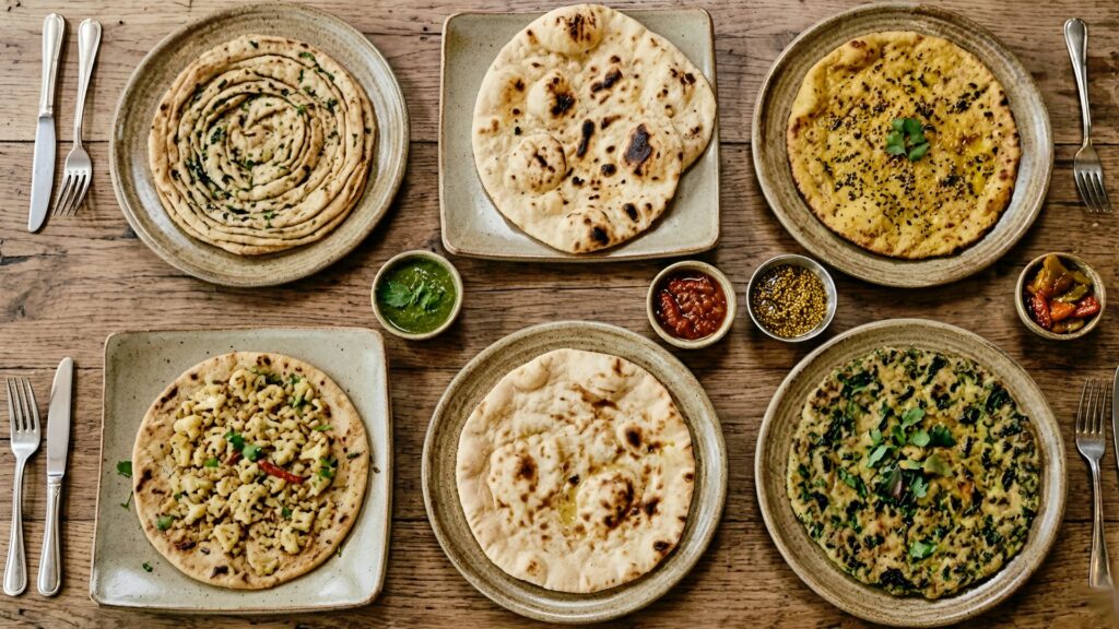 A variety of Indian flat bread dishes including paratha, naan, and stuffed flatbreads served with chutneys, pickles, and spices on rustic plates | Paratha Party: 6 Flat Bread Recipes That Elevate Any Indian Meal | The Spice Angel