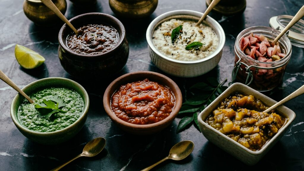 A selection of Indian condiments including mint chutney, tomato chutney, coconut chutney, spicy pickles, and vegetable relish served in rustic bowls with spoons on a dark marble surface | Pickles to Chutneys: 7 Homemade Indian Condiments for 2026 | The Spice Angel