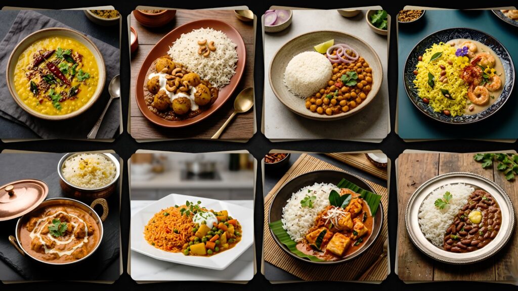 A collage of rice curry pairs featuring fluffy white rice served with dal, chickpea curry, paneer dishes, vegetable curries, and flavorful Indian gravies arranged in elegant plates | Rice & Curry Perfect Pairs: 8 Indian Combinations You Need to Try | The Spice Angel