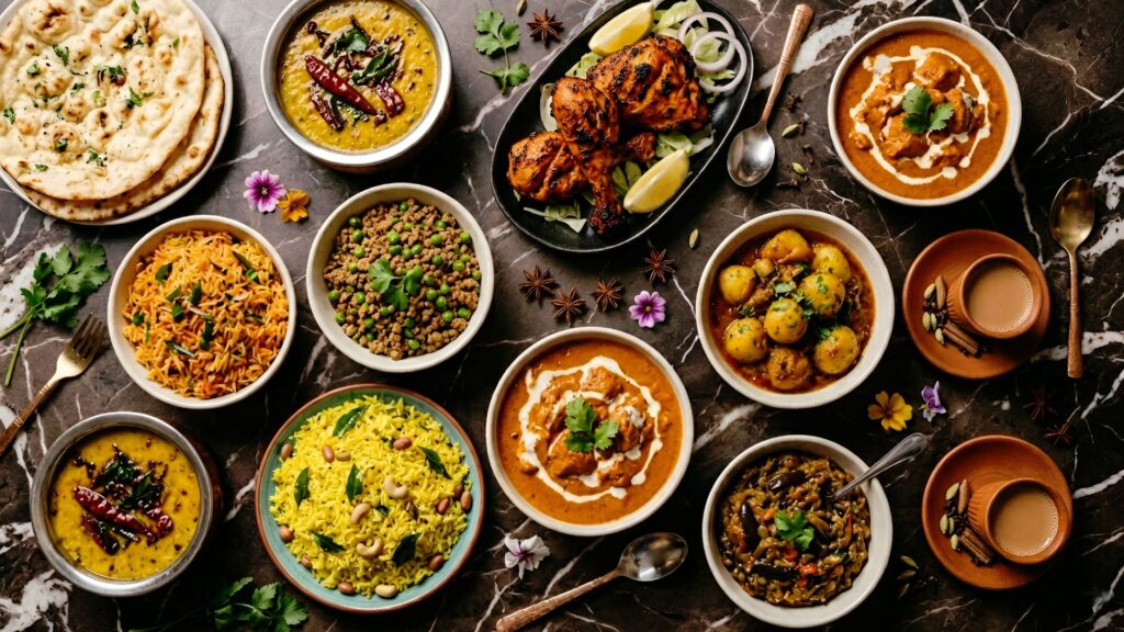 A vibrant spread of simple Indian cooking featuring curries, dal, spiced rice, naan, grilled chicken, and vegetable dishes served with traditional spices and garnishes | Simple Indian Cooking: 10 Recipes Ready in 30 Minutes or Less | The Spice Angel