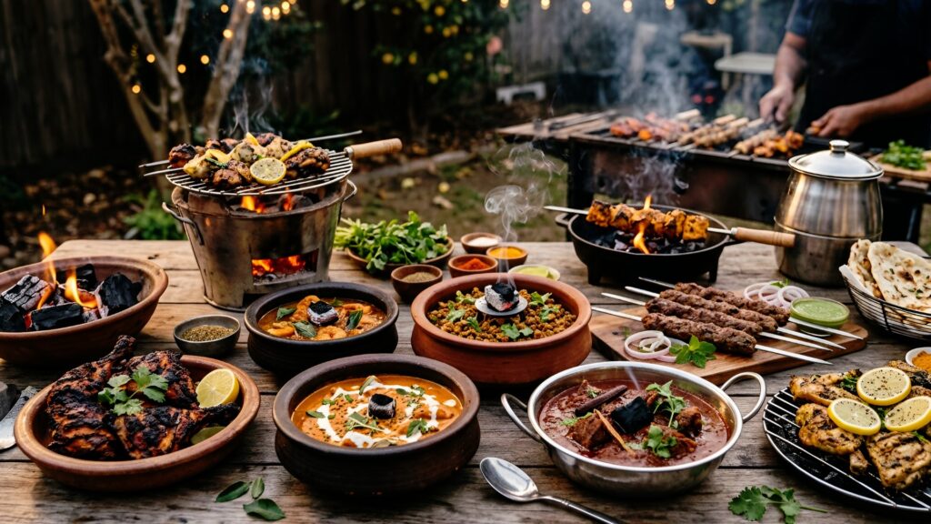 A spread of coal-cooked Indian meat dishes, including tandoori chicken, seekh kebabs, and various curries, arranged on a rustic wooden table with outdoor charcoal grills in the background | Smoky & Spicy: Mastering Coal-Cooked Indian Meat Recipes at Home | The Spice Angel
