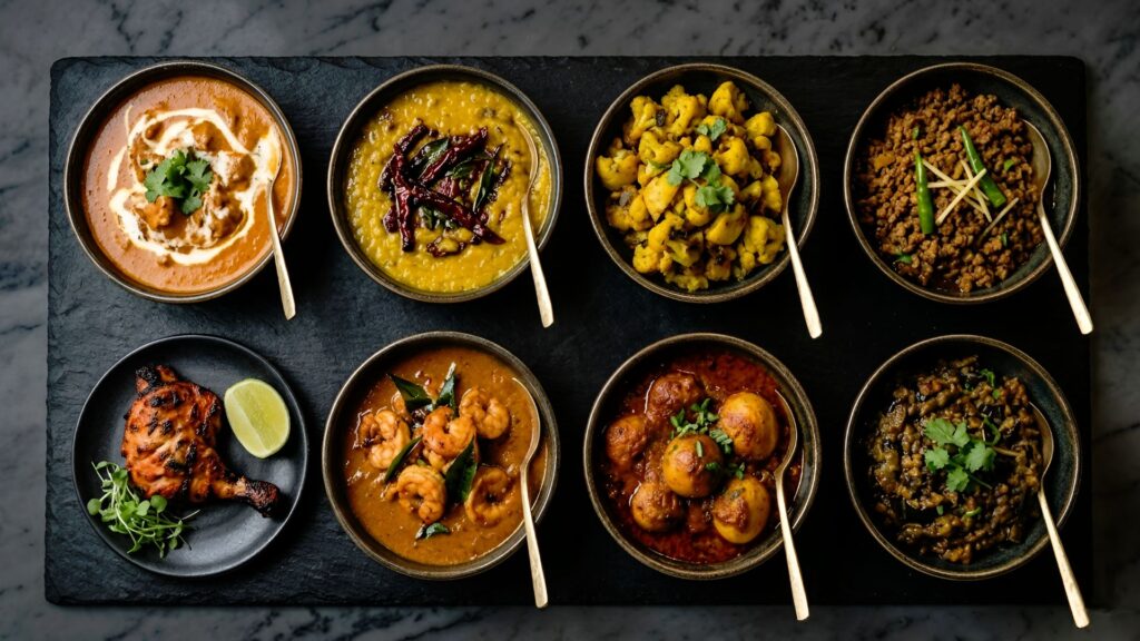 A flavorful spread of garam masala recipes featuring a variety of Indian curries, lentil dal, spiced vegetables, eggs, and grilled chicken served in small bowls with rich, aromatic spices | The Magical Garam Masala: 8 Recipes Using India's Secret Spice Blend | The Spice Angel