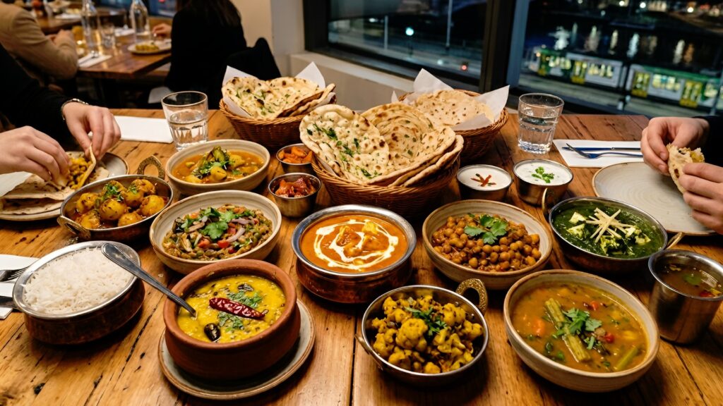 A diverse vegetarian Indian feast featuring bowls of dal, paneer butter masala, chana masala, and palak paneer served with baskets of fresh naan and basmati rice on a wooden restaurant table. | Vegetarian Indian Feast: 10 Meatless Recipes That Satisfy Everyone | The Spice Angel