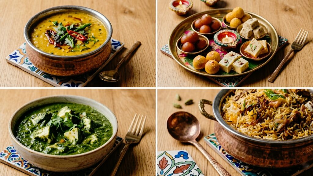 A festive spread of Indian celebration recipes featuring dal, biryani, paneer curry, and traditional sweets served in elegant bowls and plates on a wooden table | Diwali to Dinner Parties: 10 Indian Recipes for Every Celebration | The Spice Angel