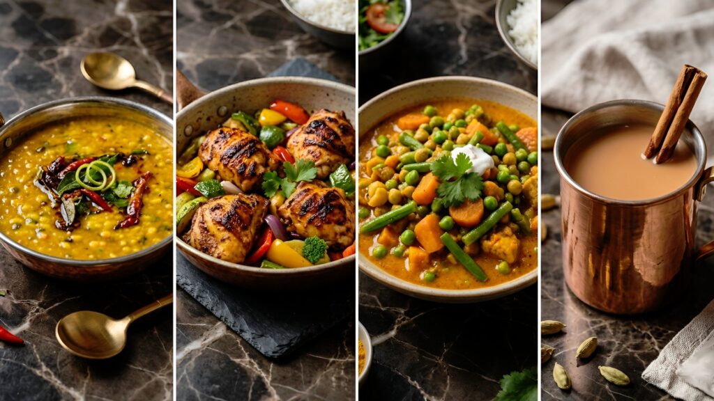 A simple spread of beginner Indian recipes featuring easy curries, dal, vegetables, and rice dishes designed for quick and approachable home cooking | No-Fuss Indian Meals: 7 Recipes for Beginners in 2026 | The Spice Angel